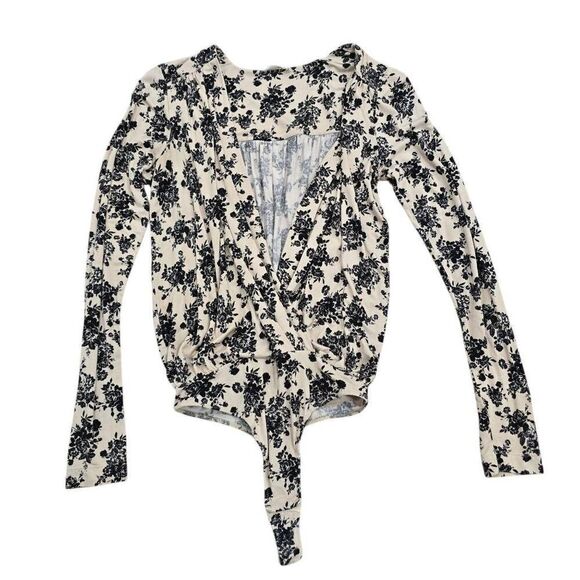 Free People Turnt Bodysuit Cream And Black Floral Womens XS Stretch Crossover Vi - Picture 2 of 7